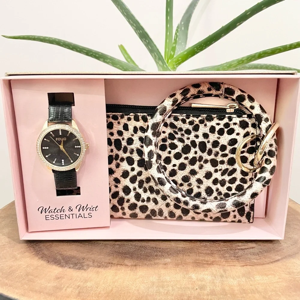 black and gold cheetah print watch and wrist essentials gift box set